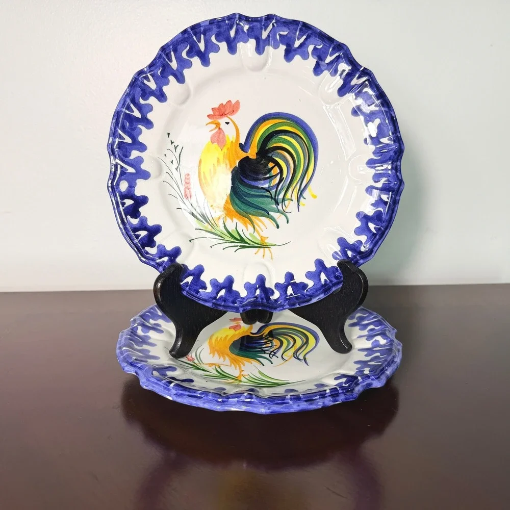 Vintage Zanolli Italy Hand Painted Rooster Majolica Plates Set of 2 Tuscan Decor